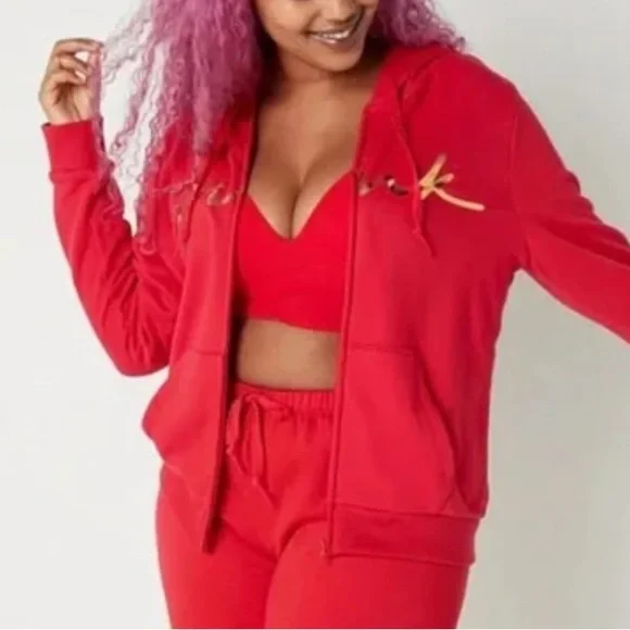 PINK Victoria's Secret Vibrant Red Full Zip Up Hoodie Size Large - Picture 3 of 9
